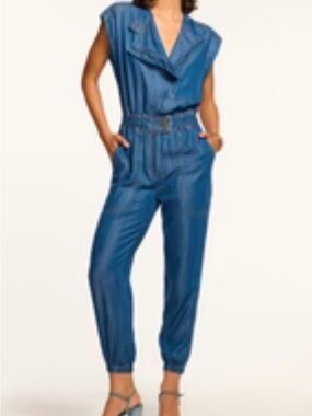 Ramy Brook Teal-Blue Sleeveless Belted Jumpsuit